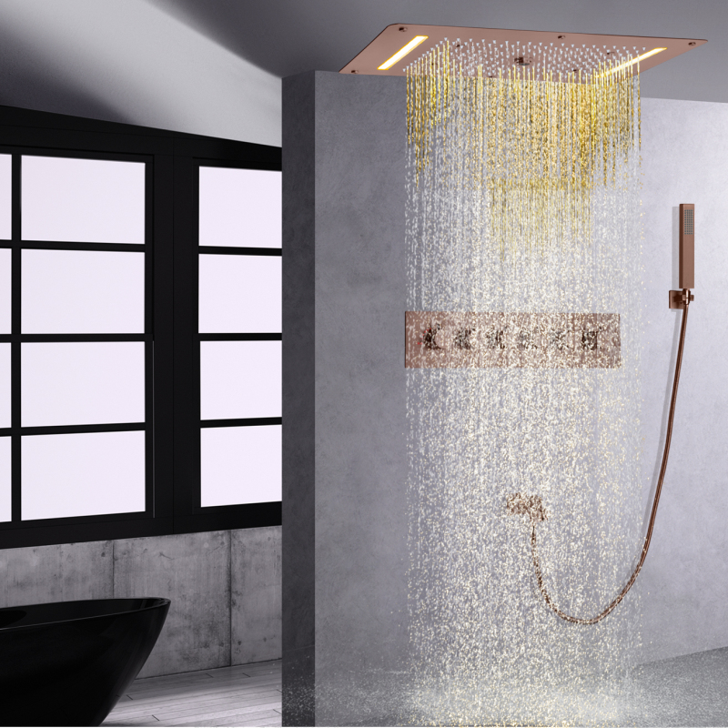 Conjunto de chuveiro marrom montado na parede do banheiro termostático led chuva cachoeira chuveiro superior com suporte de mão