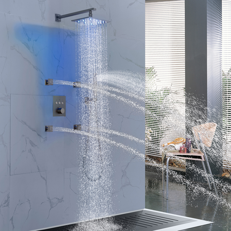 Termostática esconder banho & chuveiro torneira conjunto para banheiro 8x12 Polegada níquel escovado luxo led chuva chuveiro cabeça
