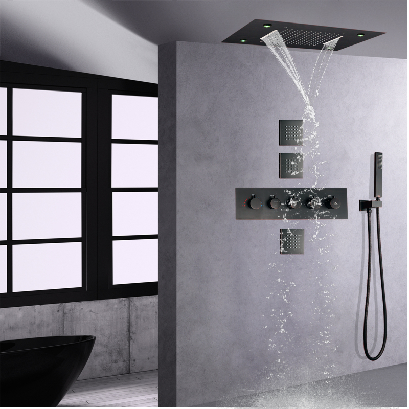 Óleo friccionado bronze termostática chuva chuveiro torneira do banho conjunto sistema 14x20 Polegada led cachoeira chuvas cabeça de chuveiro