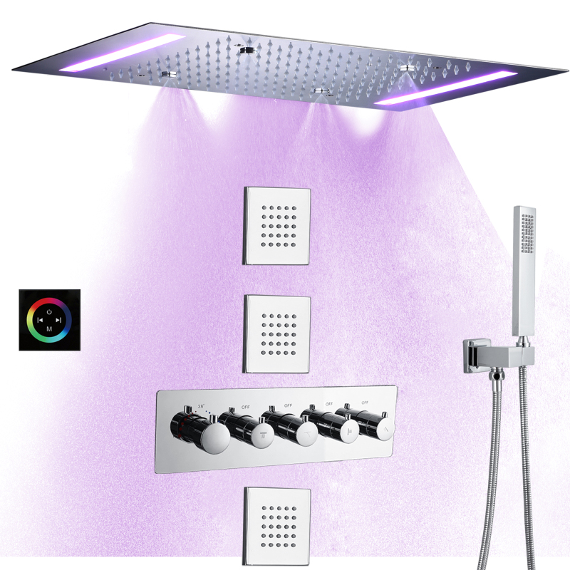 Chrome termostática banho chuveiro conjunto 14x20 Polegada led banheiro termostática torneira do chuveiro névoa chuvas cabeça de chuveiro
