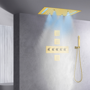 Cabeça de chuveiro de chuva de ouro escovado com sprays de mão termostática banho & chuveiro conjunto 14x20 Polegada teto led torneira do chuveiro superior