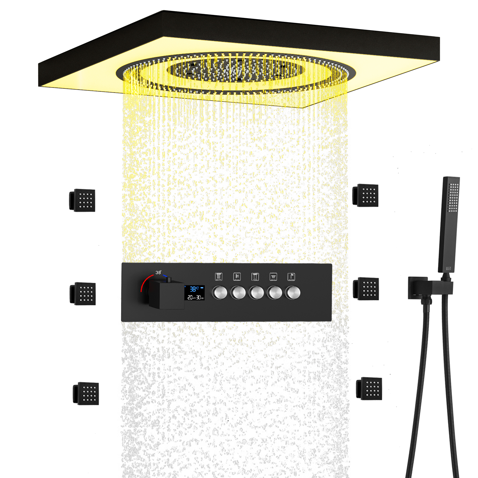 Controle remoto led nova cabeça de chuveiro botão música display digital chuva chuveiro conjunto bronze