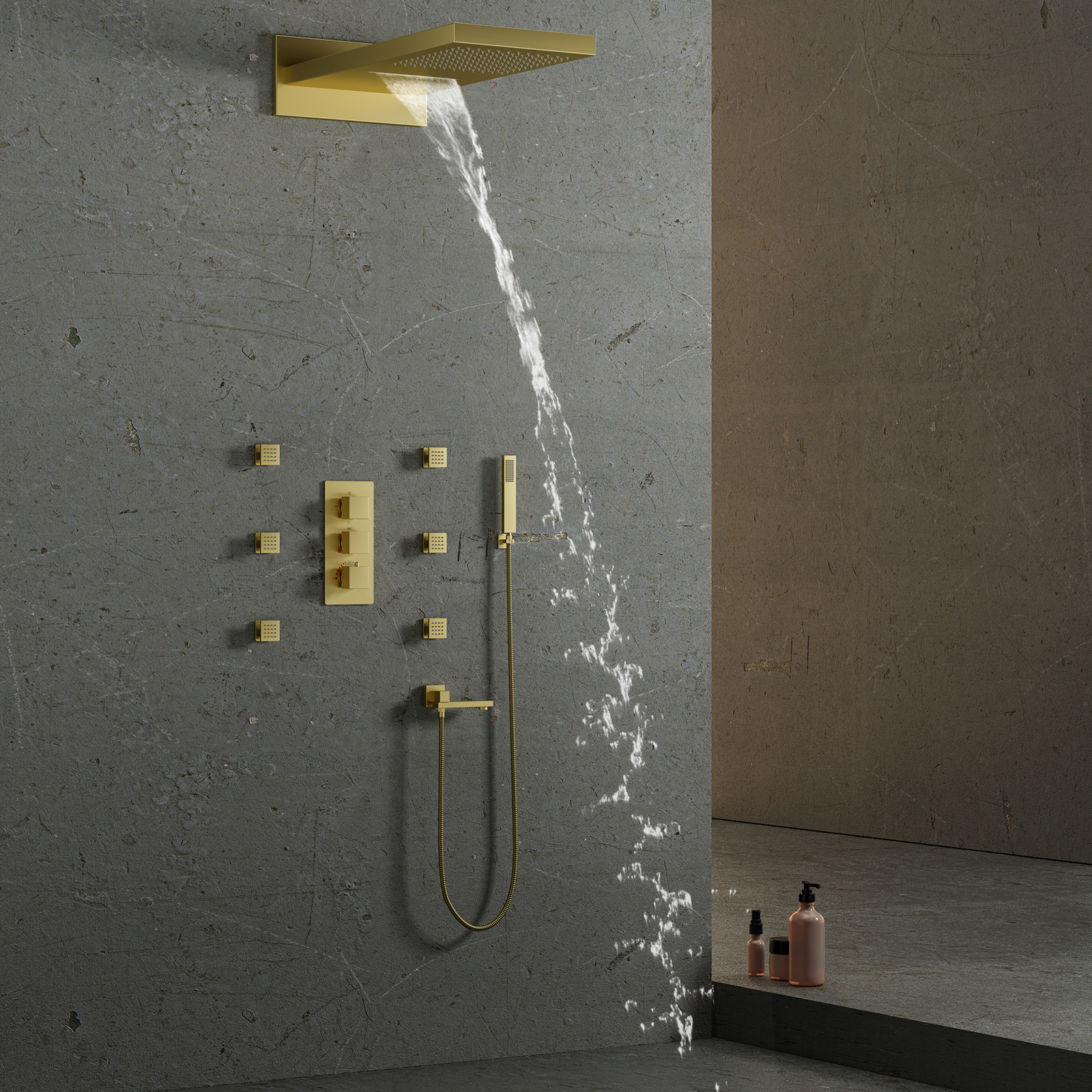 Conjunto de cabeça de chuveiro dourado luxuoso, misturador, chuveiro, cascata, com torneira quadrada moderna e portátil