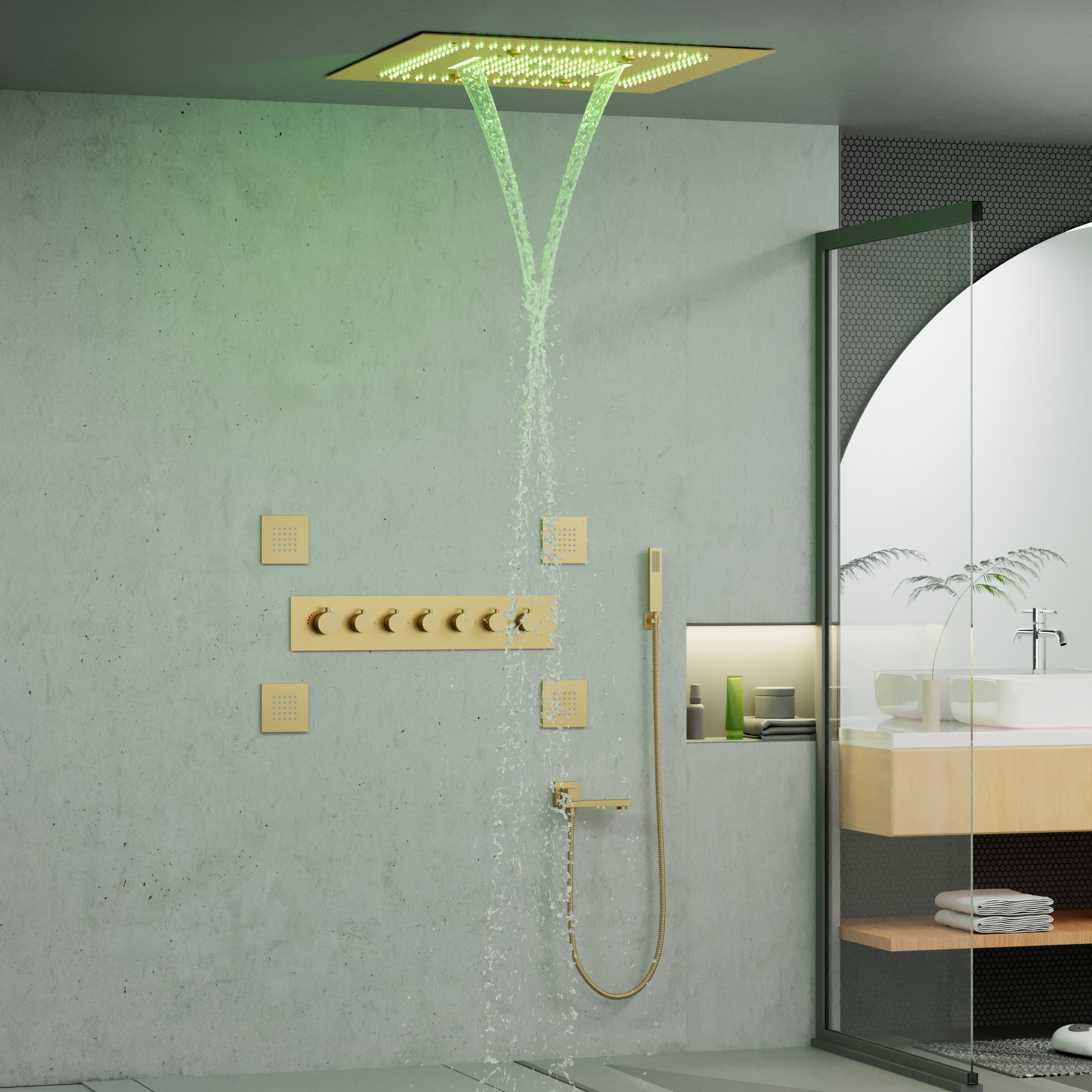 Luxo conjunto de chuveiro do banheiro sistema escovado ouro chuva misturador conjunto cobre 6 função led cabeça chuveiro conjunto