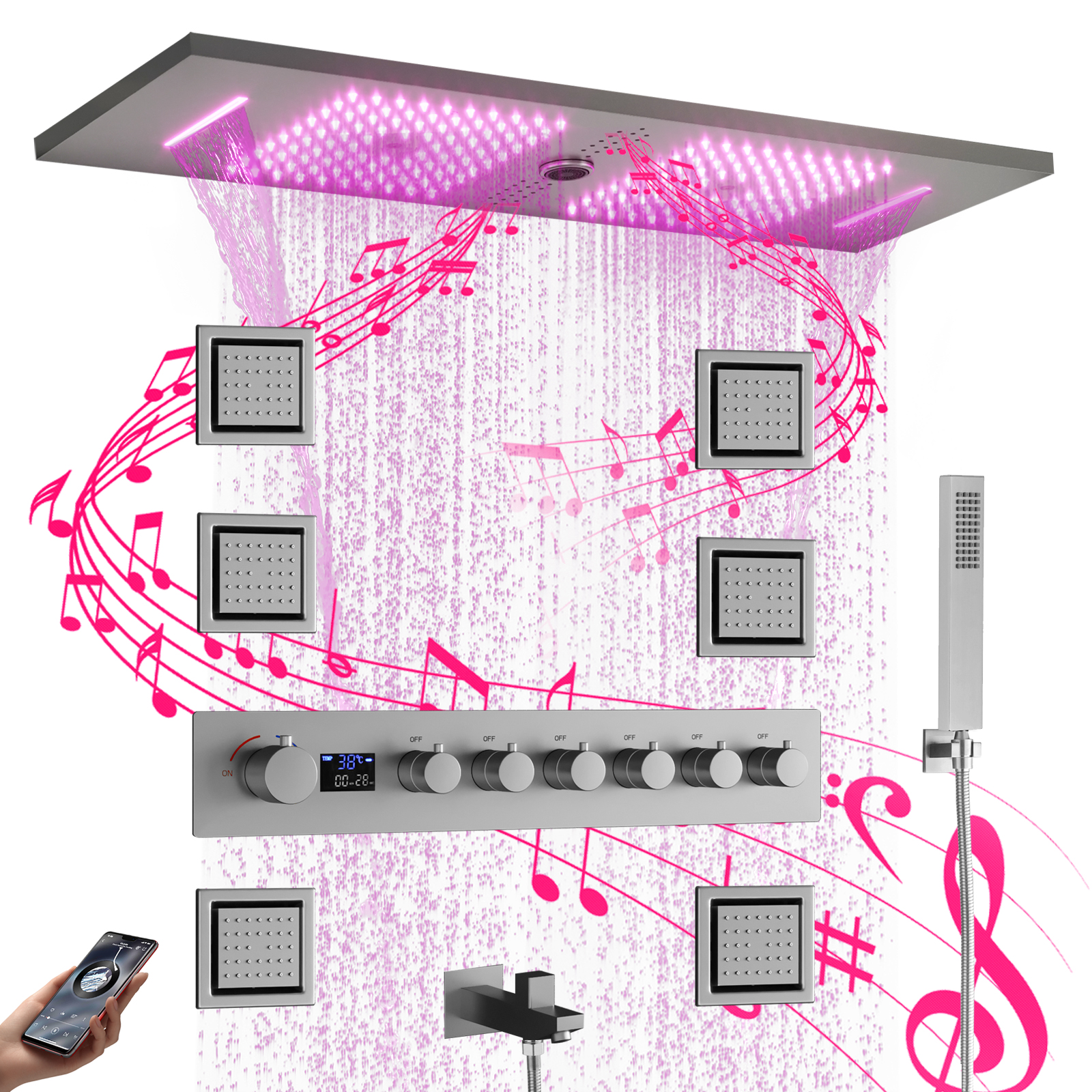 Cabeça de chuveiro LED montada no teto com alto-falante musical embutido, sistema de válvula de chuveiro com display digital, conjunto de torneira de chuveiro de banheiro