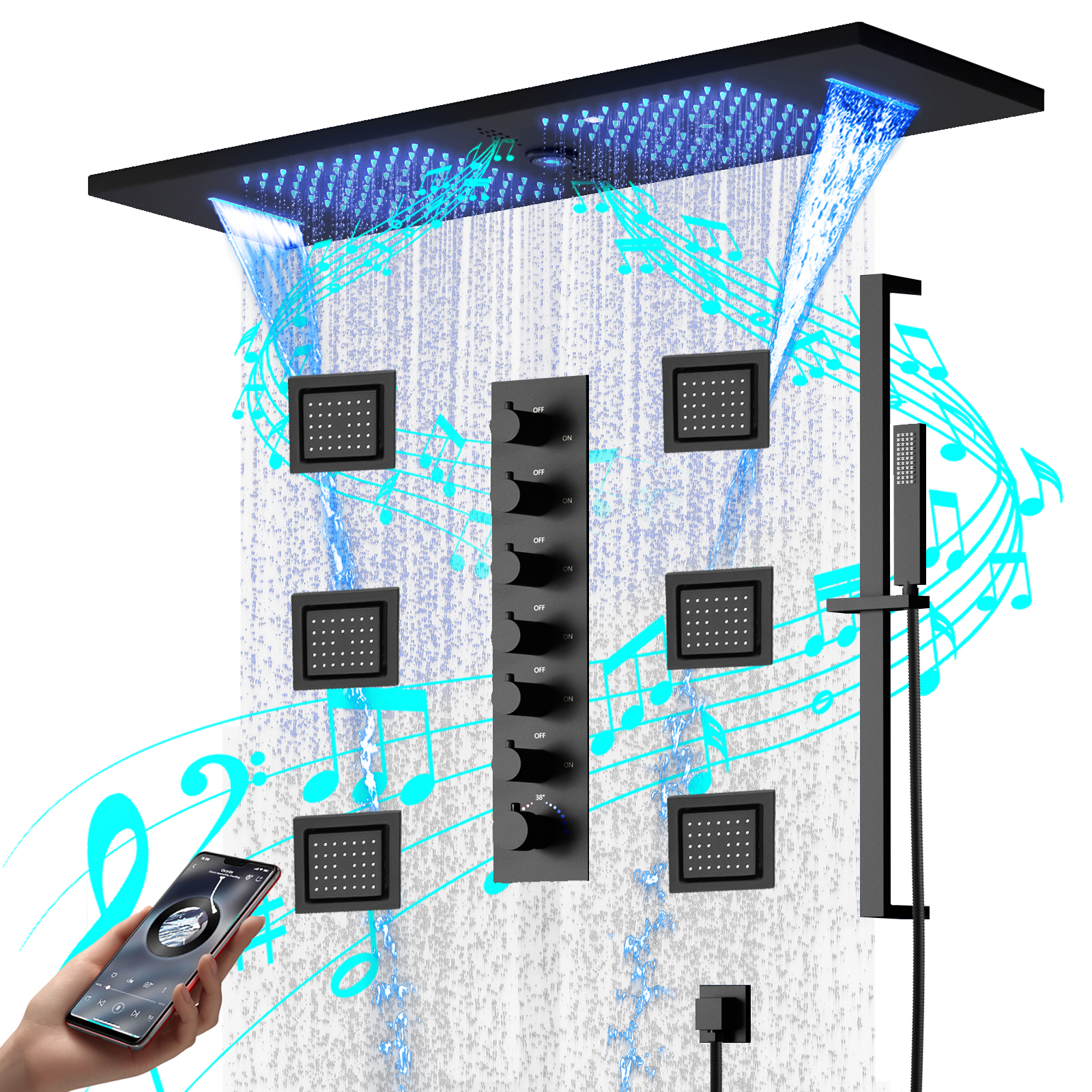Conjunto de chuveiro led teto embutido chuva e cachoeira cabeça de chuveiro com alto-falante música torneira do chuveiro do banheiro e válvula