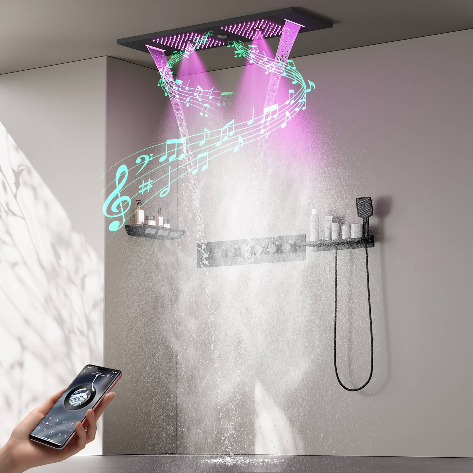 90x30Cm LED Luz Quadrada de Latão Música Chuveiro de Chuva de Alta Pressão Pulverizador Torneira e Válvula de Chuveiro