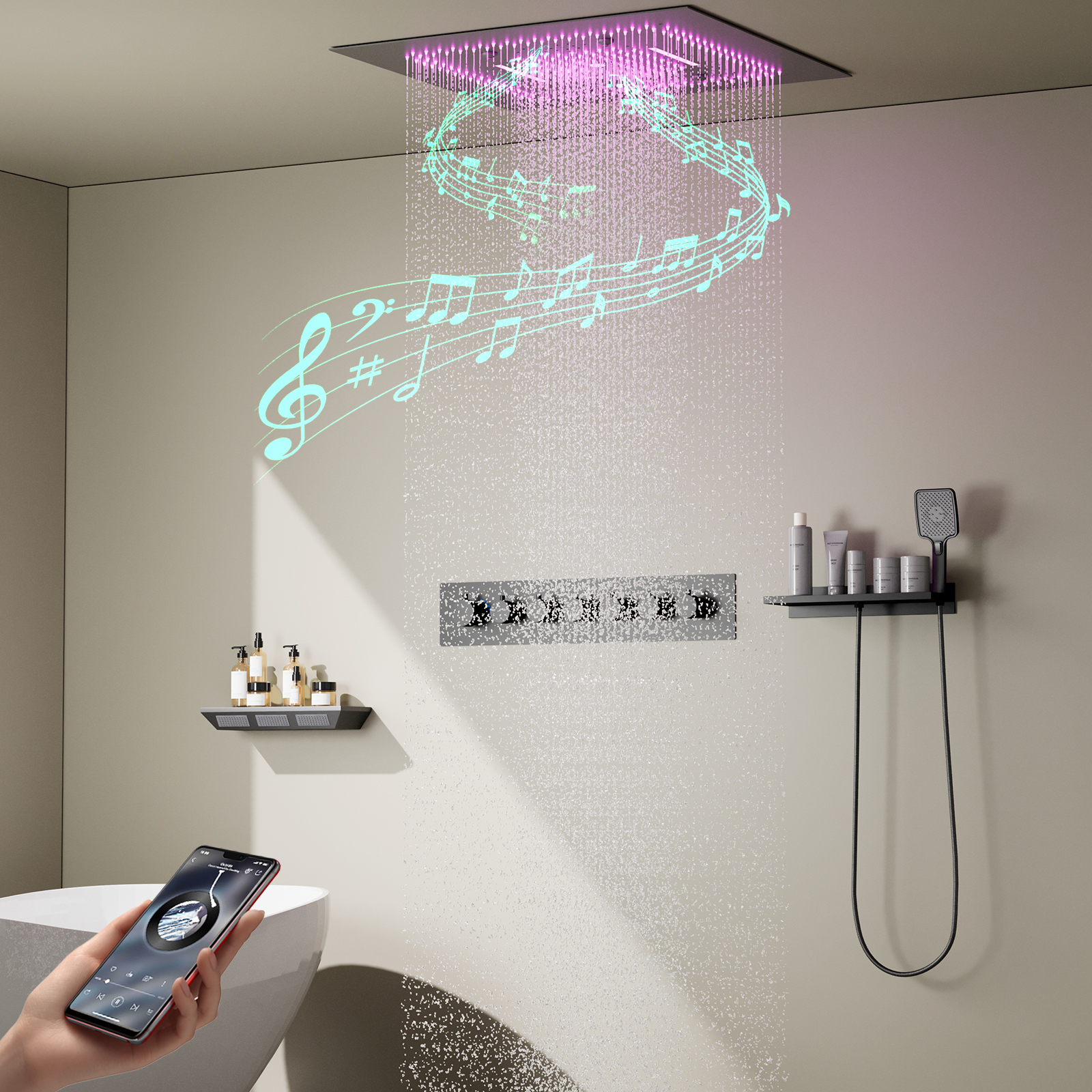 Banheira spa arma cinza led cabeça de chuveiro chuva cachoeira multifuncional recesso teto música chuveiro conjunto