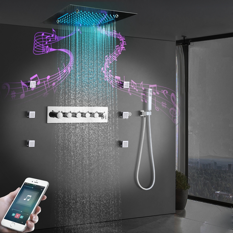 Conjunto de chuveiro led montado na parede termostática corpo bronze multifuncional spa cachoeira névoa chuva led sistema chuveiro música