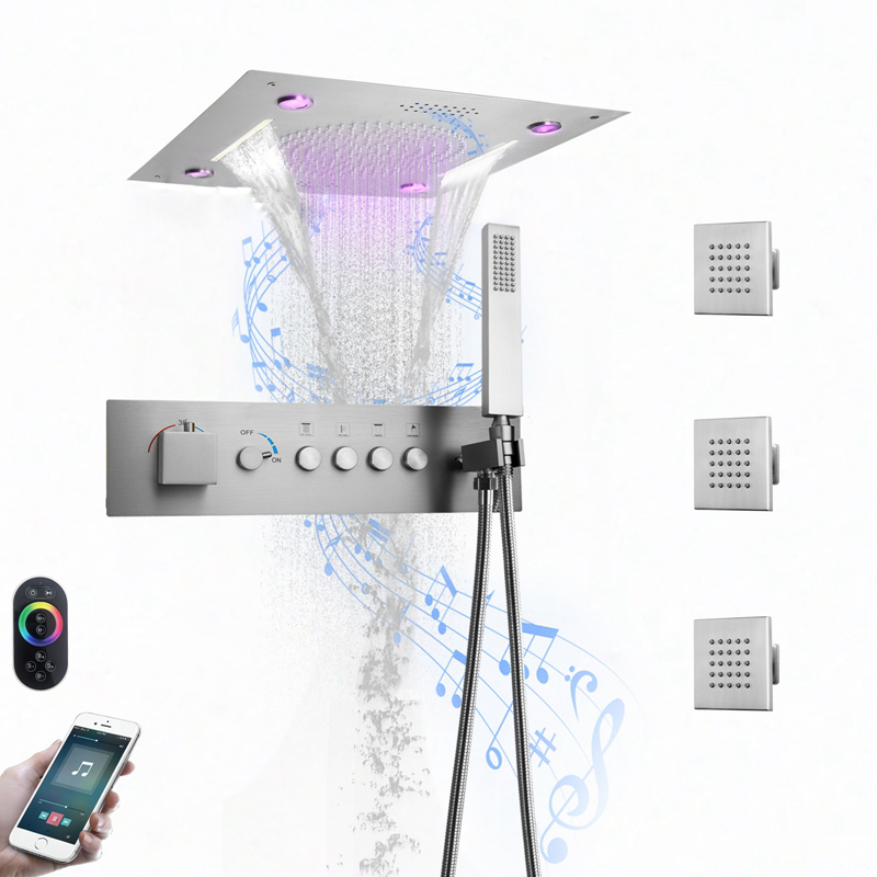 304 aço inoxidável 400*400mm led música cabeça de chuveiro embutido botão termostático corpo principal conjunto torneira do chuveiro do banheiro