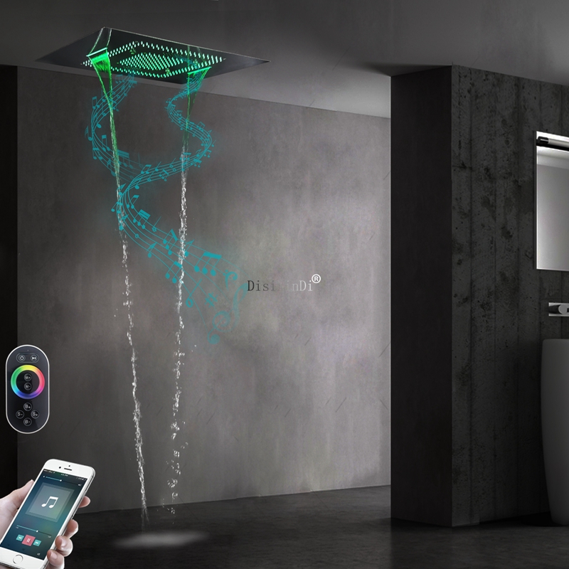 Cabeça de chuveiro musical para banheiro, luzes LED 304 SUS, sistema de chuveiro embutido no teto