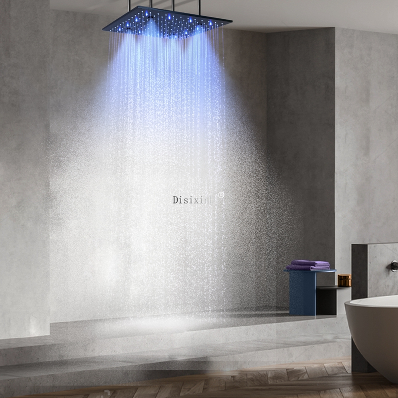 Preto fosco 16 polegadas 304 aço inoxidável LED cabeça de chuveiro banheiro chuva névoa LED mudança de cor cabeça de chuveiro
