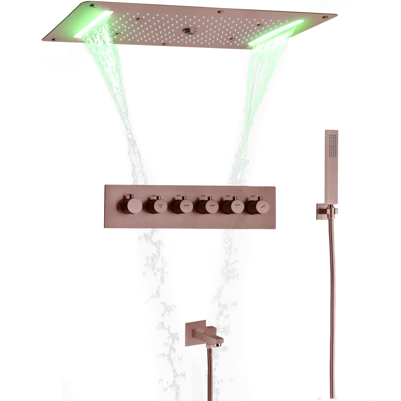 Banheira termostática ocultar sistema de chuveiro 700X380 MM LED banheiro marrom cabeça de chuveiro com spray portátil