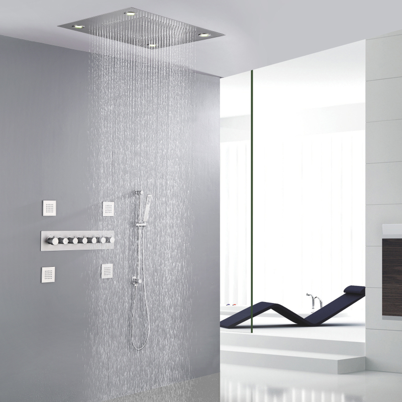 Moderno níquel escovado LED torneira de chuveiro multifuncional termostática cachoeira chuva massagem com suporte manual