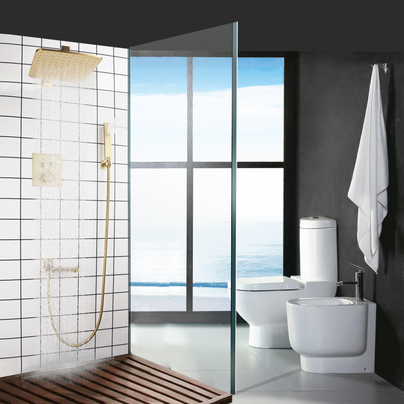 Conjunto de chuveiro termostático de ouro escovado, torneiras, botão de pressão do banheiro, chuveiro superior, chuveiro de mão, braço