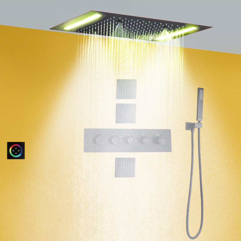 Conjunto de torneira de chuveiro termostática de bronze polido a óleo com LED moderno painel de banho e chuveiro 14 x 20 cabeças de chuveiro de chuva