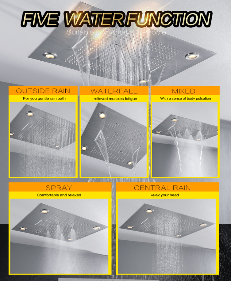 Torneira de chuveiro de banheiro de níquel escovado 80X60 CM com painel remoto de controle LED Cachoeira de chuveiro oculta de chuva