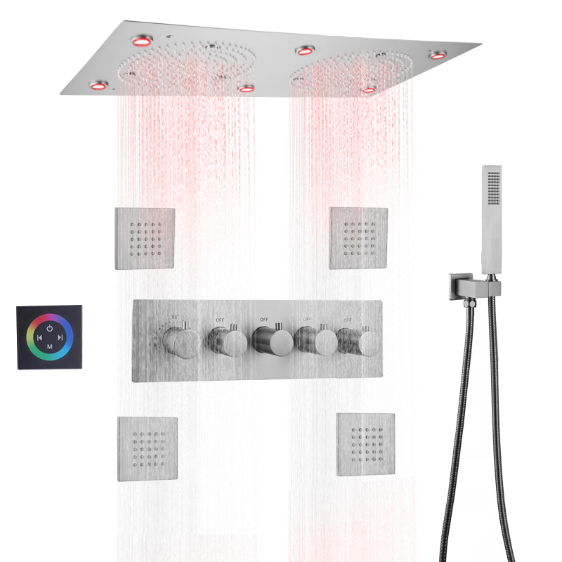 Torneira de chuveiro cromada polida, banheiro, LED, termostática, montagem na parede, névoa de chuva com braço de chuveiro portátil