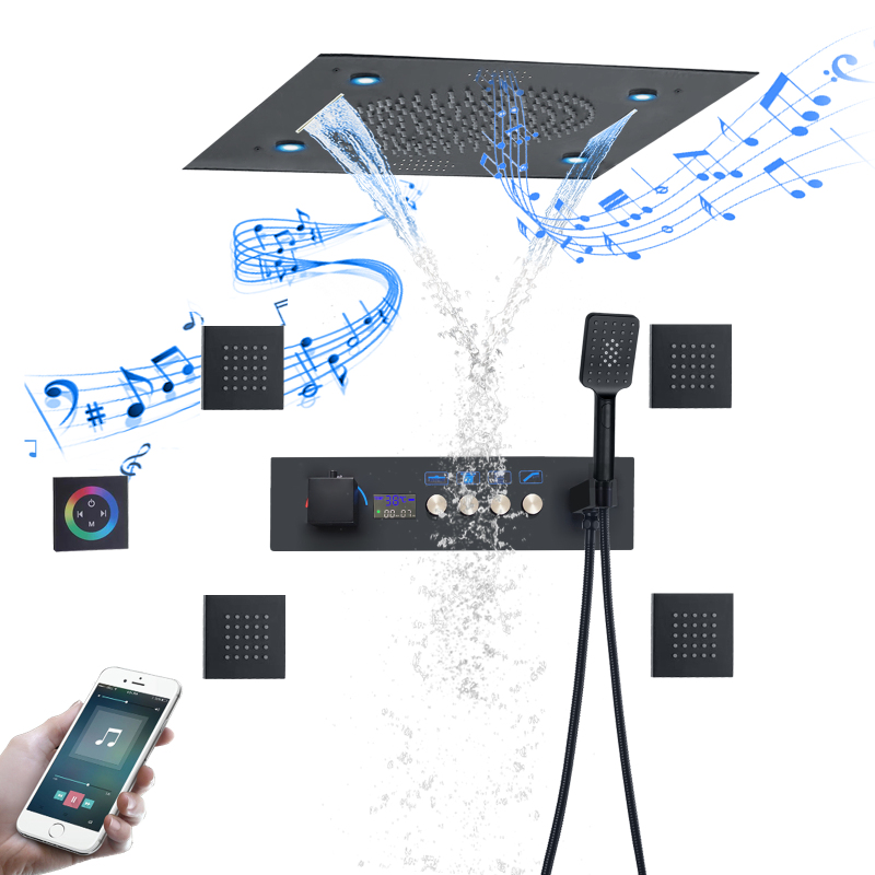 500*500mm preto fosco sistema de chuveiro termostático display digital painel chuveiro led banheiro com função música cabeça chuveiro