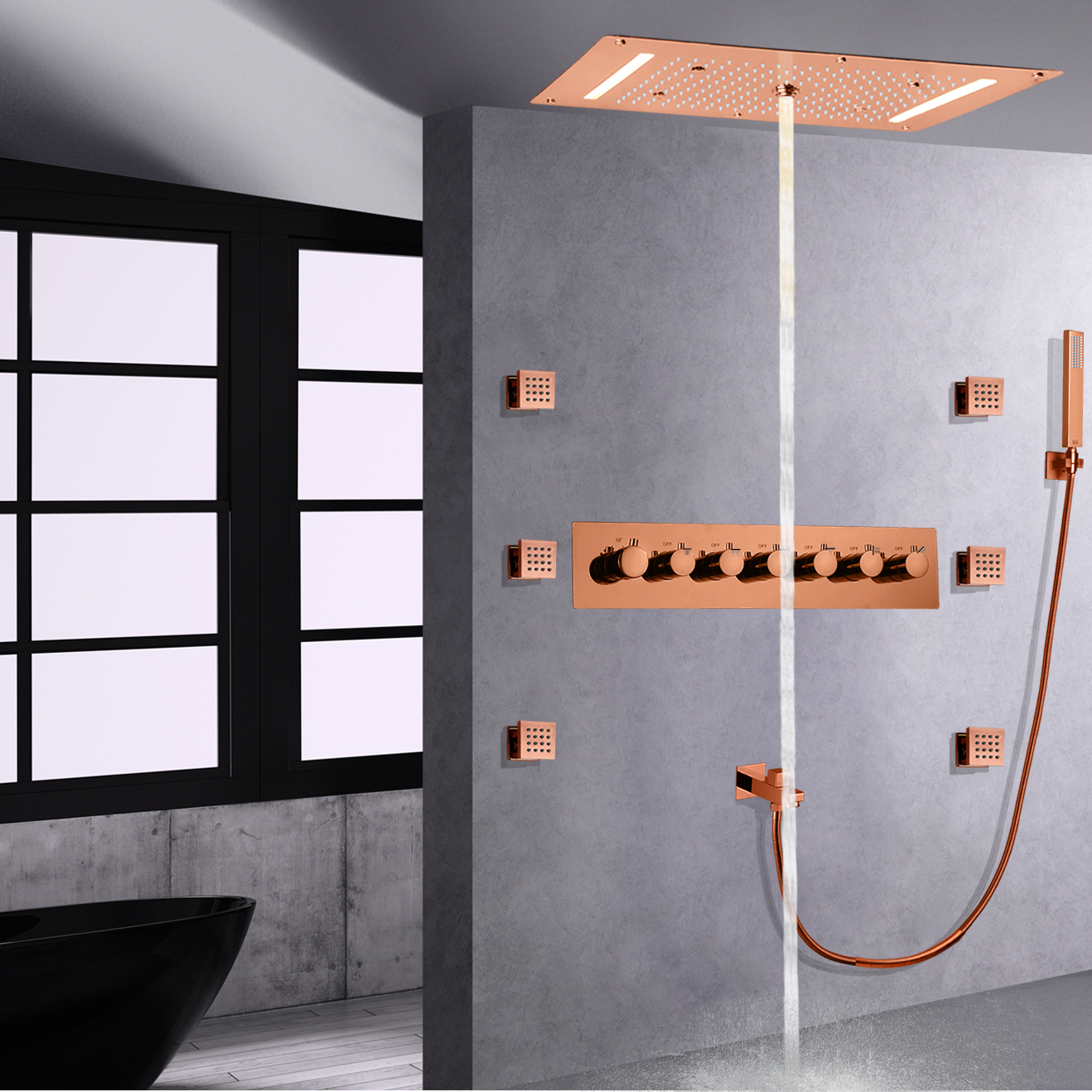 Torneiras de chuveiro LED em ouro rosa, temperatura do banheiro, hidrojato, cachoeira, bolha, spa, com portátil