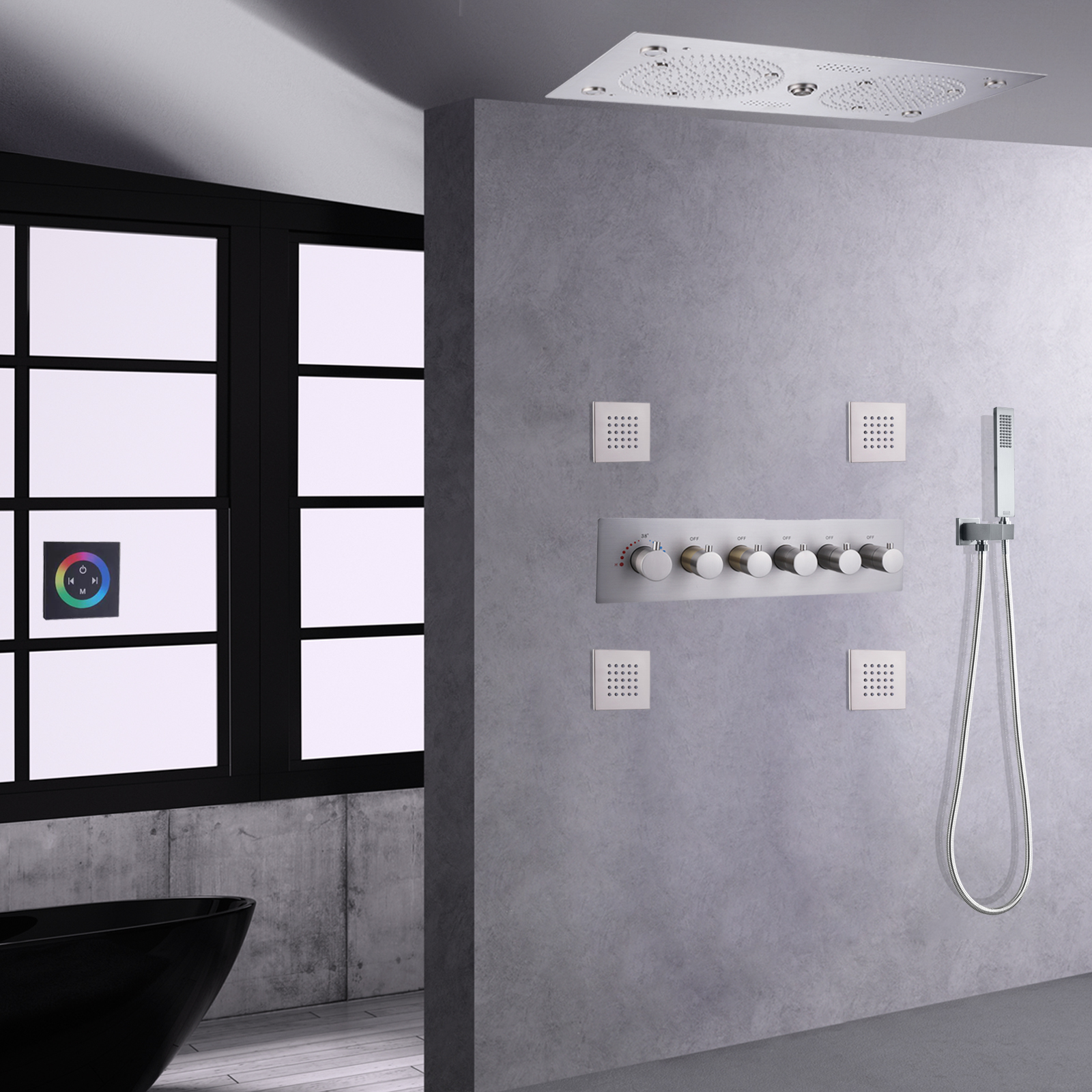 Níquel escovado LED Cabeça de chuveiro Banheiro Coluna de chuveiro Torneira de banho Névoa Chuva Massagem