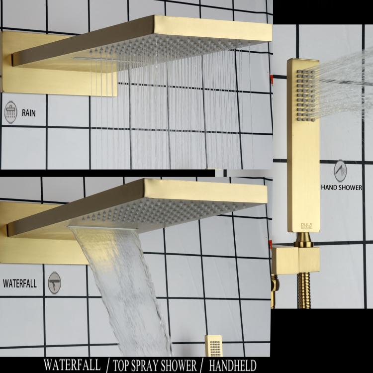 Conjunto de chuveiro termostático em ouro escovado, conjunto de chuveiro com botão de pressão, chuveiro de mão para banheiro