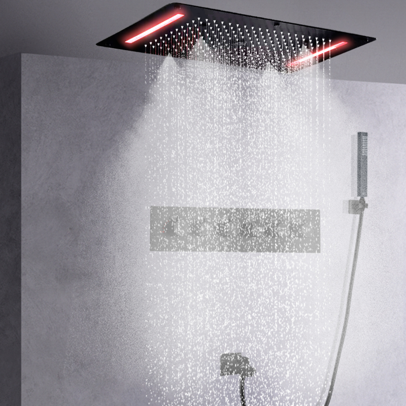 Banheiro de luxo multi-função led oversized 380*700mm cabeça de chuveiro preto fosco termostático embutido teto torneira do chuveiro conjunto