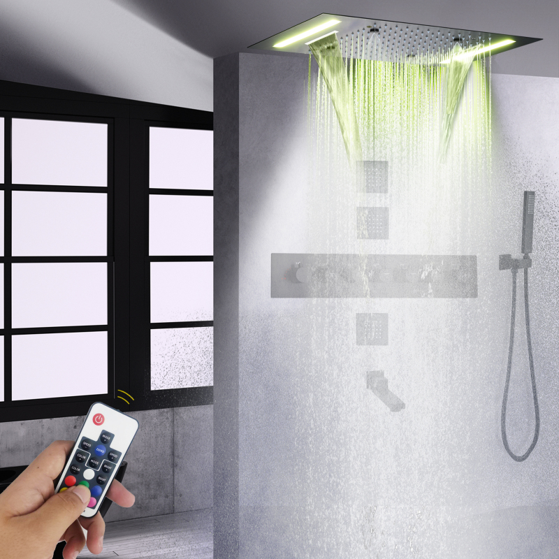 Conjunto de torneira de chuveiro termostático preto fosco 50X36 CM com painel de controle LED Sistema de chuveiro de massagem spa para banheiro