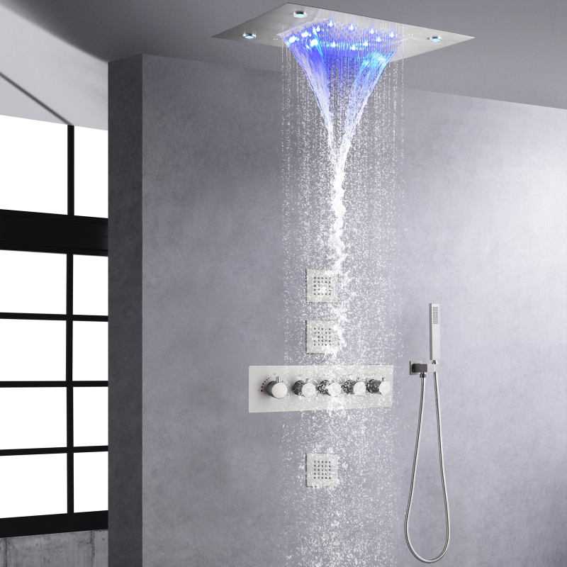 Sistema de chuveiro termostático de níquel escovado 50X36CM LED Chuveiro de banheiro Conjunto de chuveiro cascata de chuva