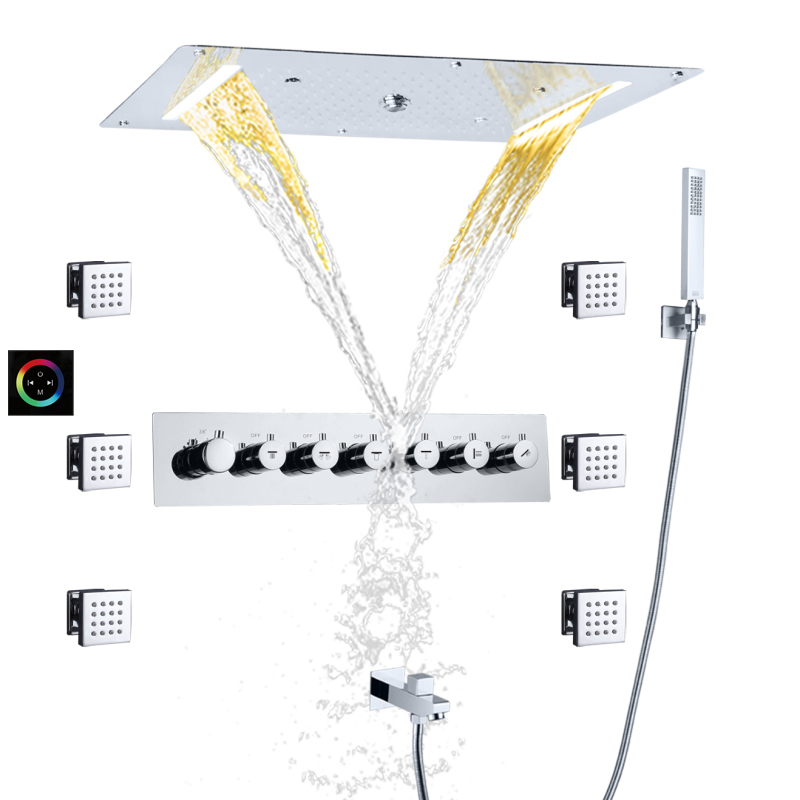 Conjunto de torneira de chuveiro de temperatura polida cromada 70X38 CM LED banheiro multifuncional spa massagem chuveiro