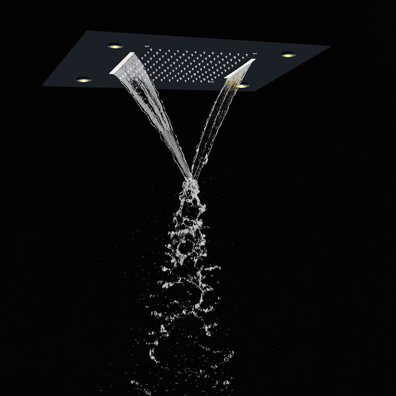 Preto fosco 50x36 cm cabeça de chuveiro preto novo design 7 cores led banheiro bifuncional cachoeira chuveiro spa
