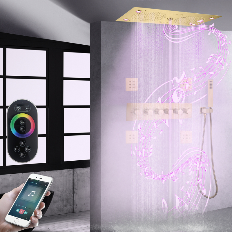 Conjunto de chuveiro termostático de ouro escovado, 620*320mm, led com recursos musicais, banheiro, teto embutido, chuveiro de banho