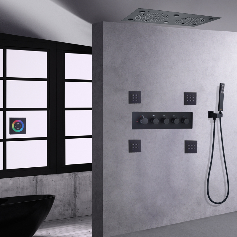 Conjunto de chuveiro termostático preto fosco, 24*12 cabeças, led, chuveiro de banheiro, sistema de chuveiro oculto com portátil