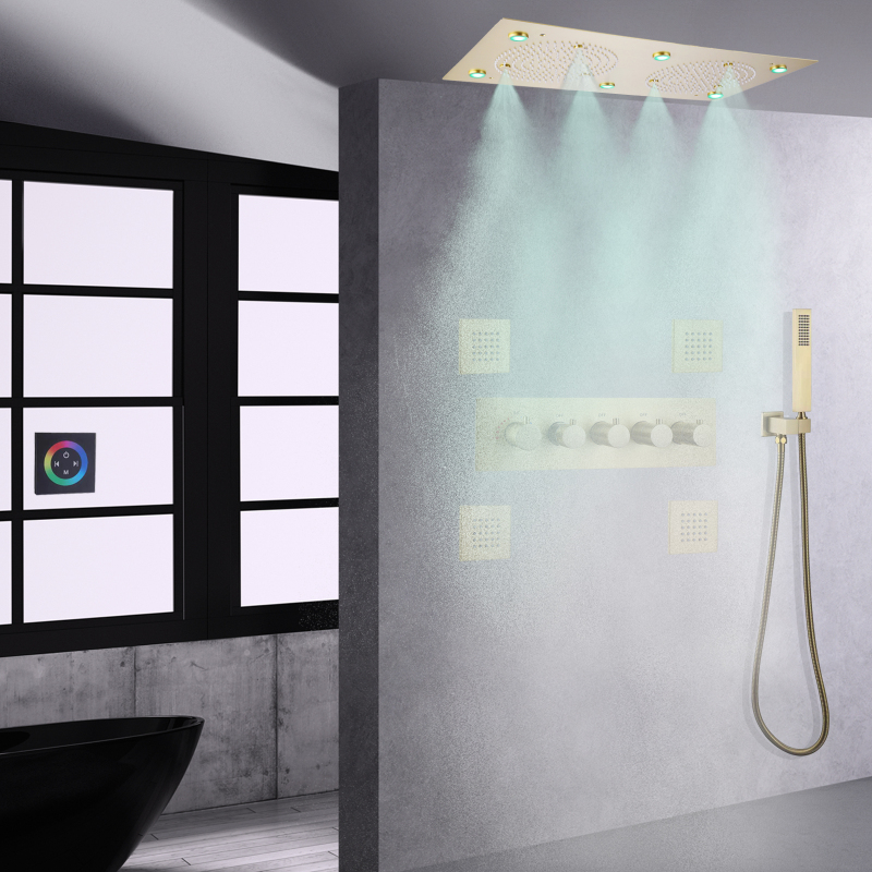 Luxo escovado ouro termostática cabeça de chuveiro conjunto 62*32 cm led banheiro chuvas chuveiro torneira conjunto com handheld