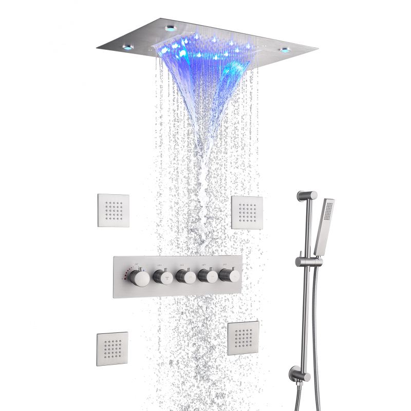 Torneira termostática para banho e chuveiro, conjunto de banho de níquel escovado com cascata e chuva, 14x20 cabeças de chuveiro led