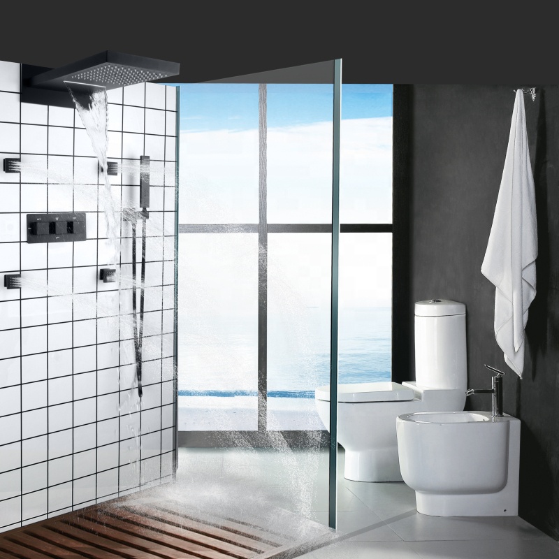 Preto fosco moderno cachoeira fria e quente triplo punho conjunto de chuveiro do banheiro chuvas combinação chuveiro mão