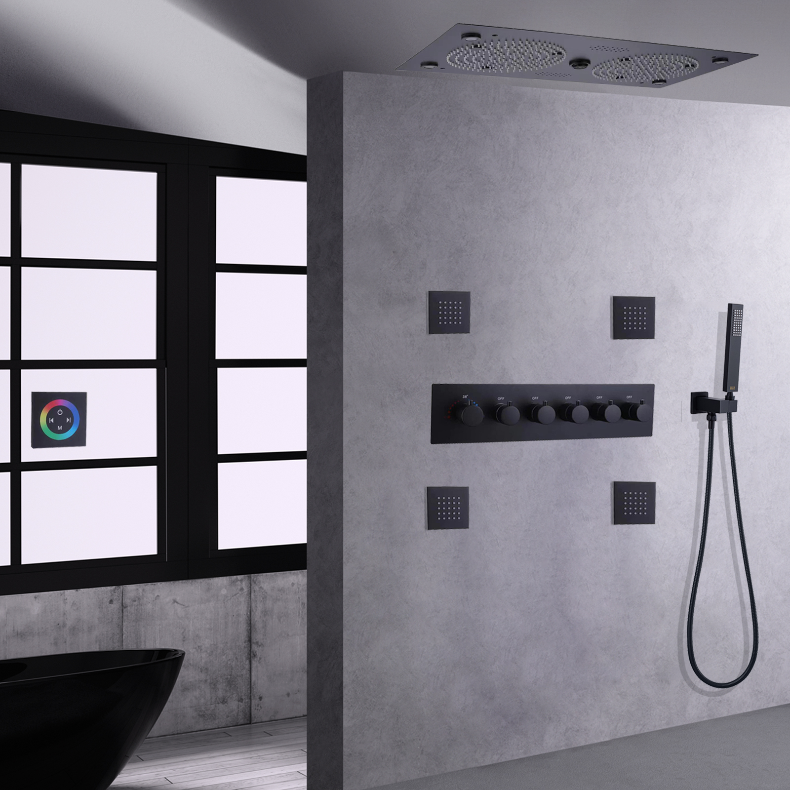 Moderno de alta qualidade colorido led música chuveiro preto fosco conjunto torneira massagem chuvas termostática
