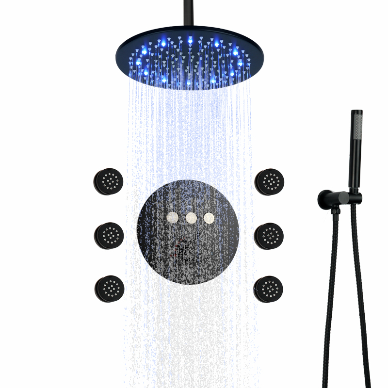 Moderno preto fosco termostática torneira do chuveiro conjunto de chuveiro chuva 25x25 cm led banheiro com cabeça chuveiro hidro jato