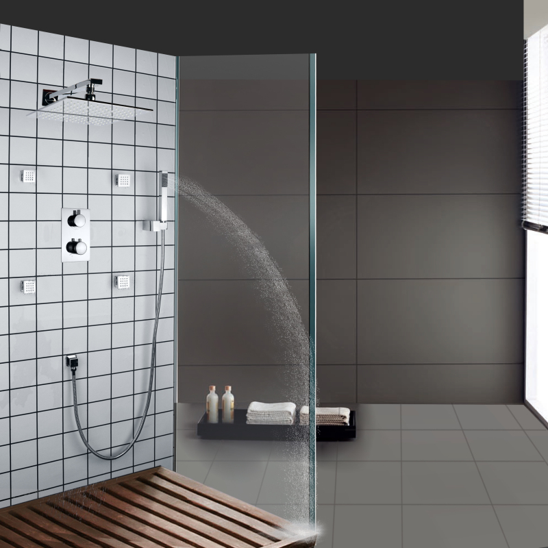 Sistema de chuveiro polido cromado 25X25 CM Banheiro termostático em conjunto de chuveiro oculto de chuva montado na parede