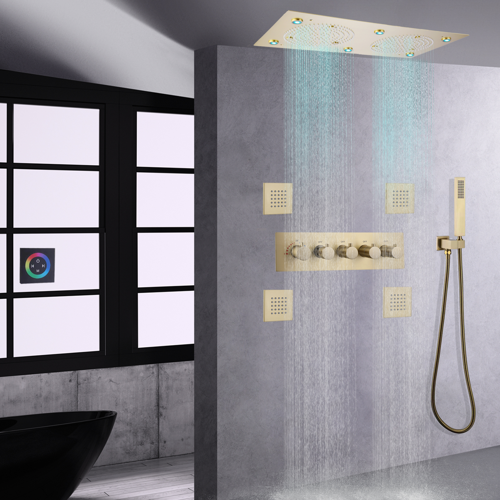 Conjunto de sistema de chuveiro LED dourado escovado, chuveiro termostático, chuveiro de chuva, cabeça de massagem