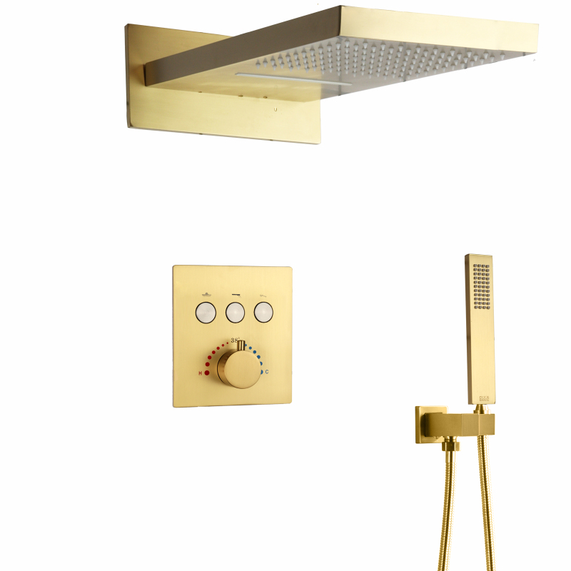 Chuveiro termostático de ouro escovado, conjunto de chuveiro cascata montado na parede com portátil