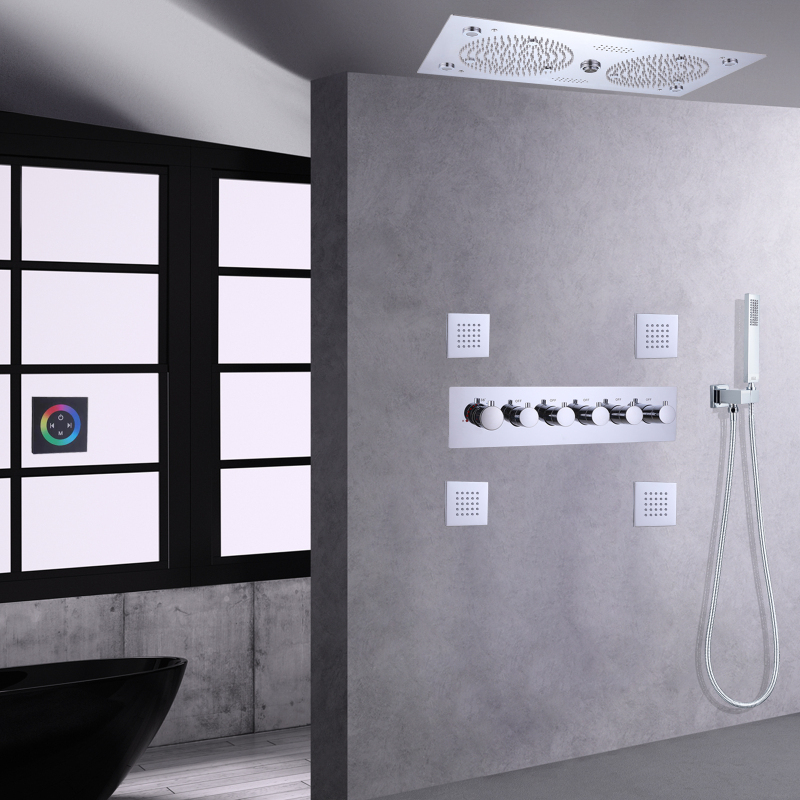 Conjunto misturador de chuveiro termostático polido cromado, 620*320mm, led com características musicais, sistema de chuveiro oculto de chuva para banheiro