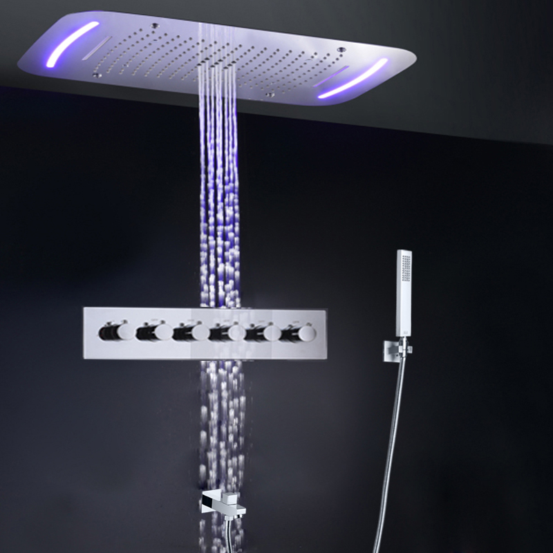 Chuveiro retangular termostático multifuncional, cascata, chuveiro, teto embutido, luz led, torneira de chuveiro de banheiro