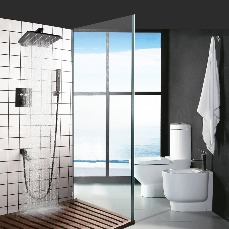 Venda quente preto fosco sistema de chuveiro chuvas termostática 10 Polegada banheiro fixado na parede conjunto chuveiro inferior saída água