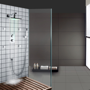 Torneira quadrada LED polida cromada, sistema de chuveiro superior, chuvas termostáticas, 3 maneiras de tomar banho