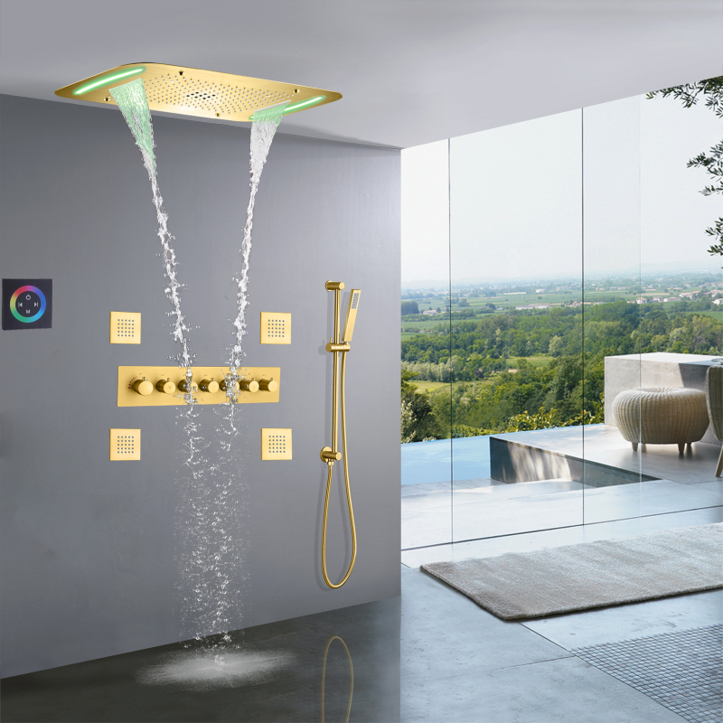 Luxo escovado ouro termostática torneira do chuveiro 710x430 mm led banheiro chuvas conjunto de cabeça de chuveiro escondida