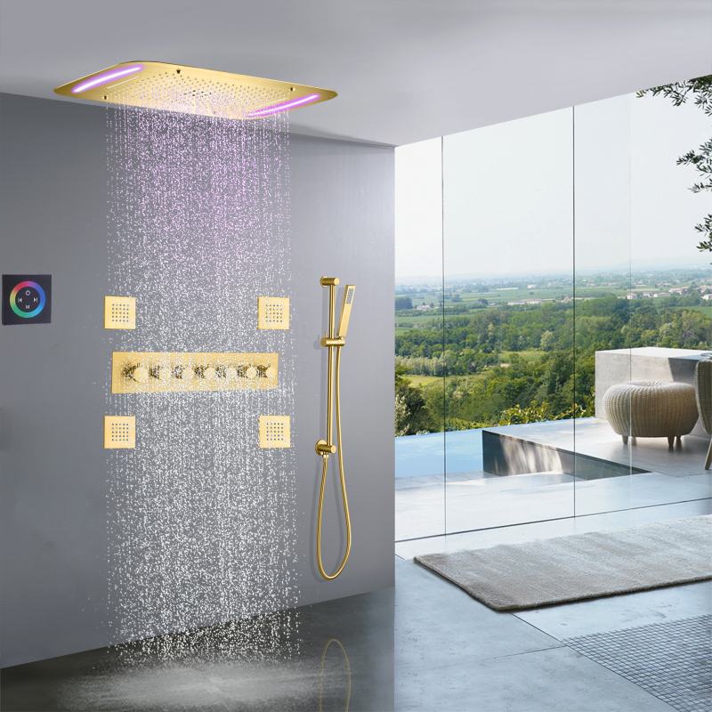 Luxo escovado ouro termostática cabeça de chuveiro 710x430 mm led banheiro multifuncional cachoeira chuvas conjunto