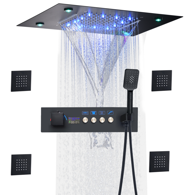 Preto fosco cabeça de chuveiro aço inoxidável chuva chuveiro montado no teto display digital led chuveiro chuva conjunto