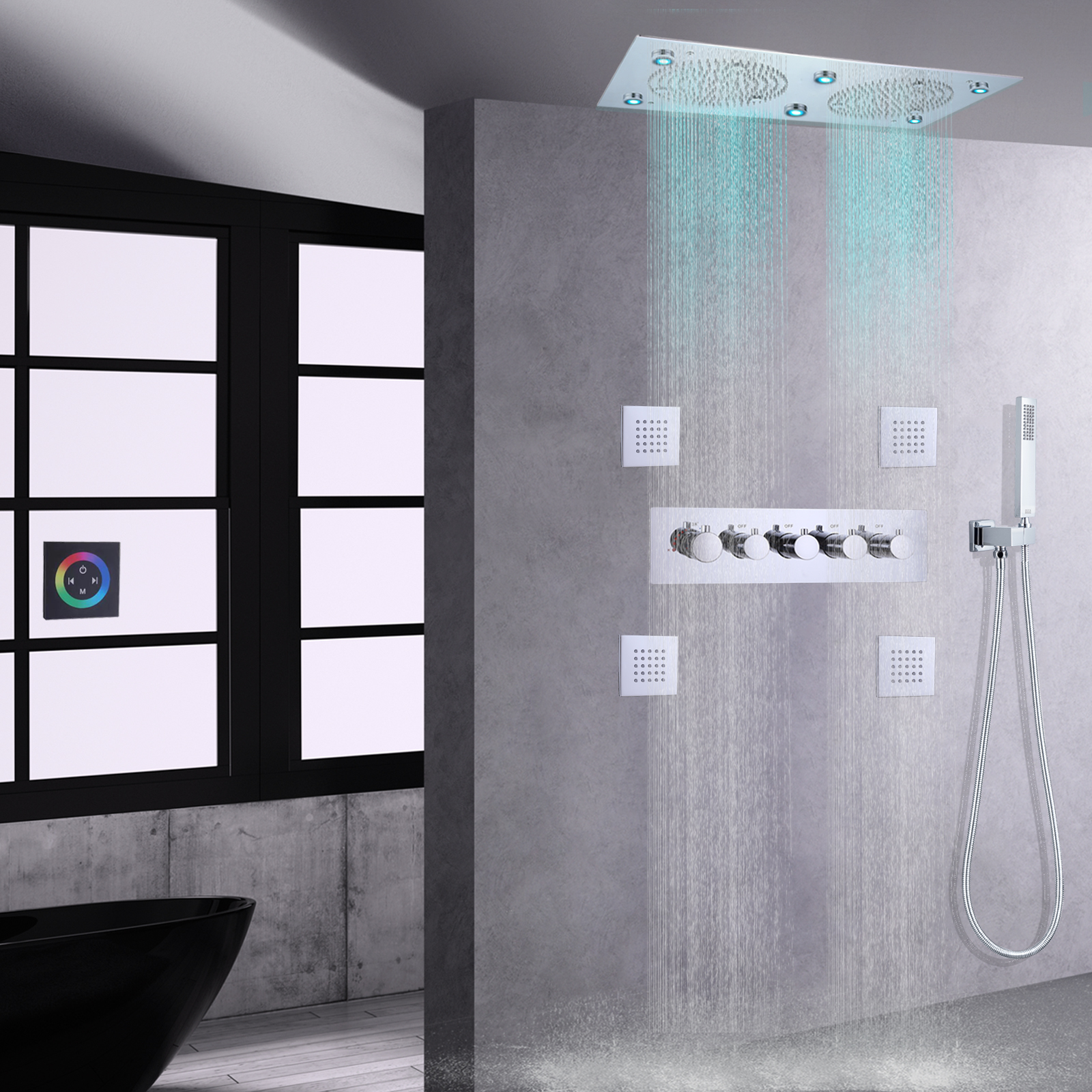 Conjunto de torneira de chuveiro de banho LED cromado polido Sistema de chuveiro multifuncional termostático para banheiro