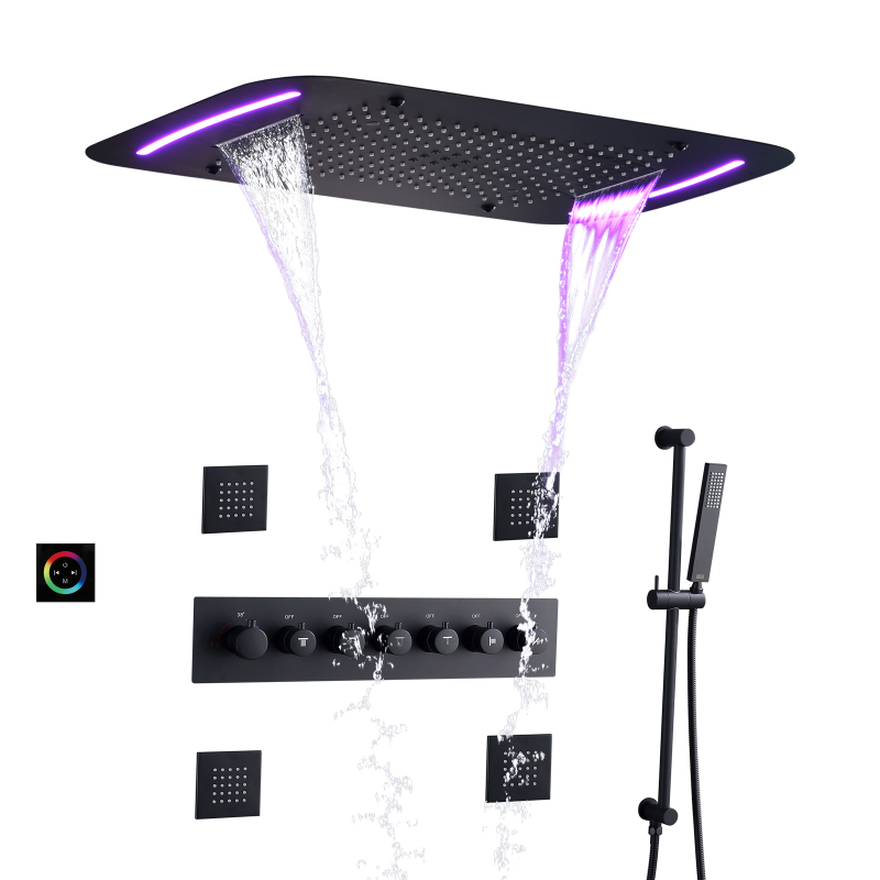 Chuveiro de chuva preto fosco 71X43 CM LED Termostático Banheiro Chuveiro escondido com chuveiros de jato hidroelétrico de spa